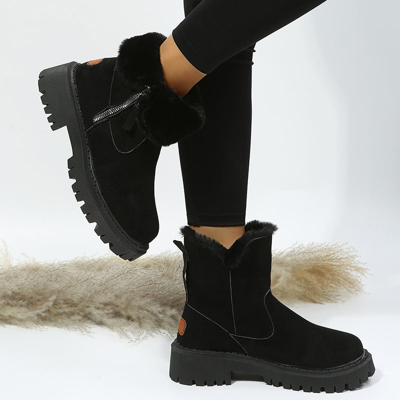 Women's Snow Boots Winter Warm Fordable Plush Tube Short Boot Solid Color Round-toe Platform Shoes